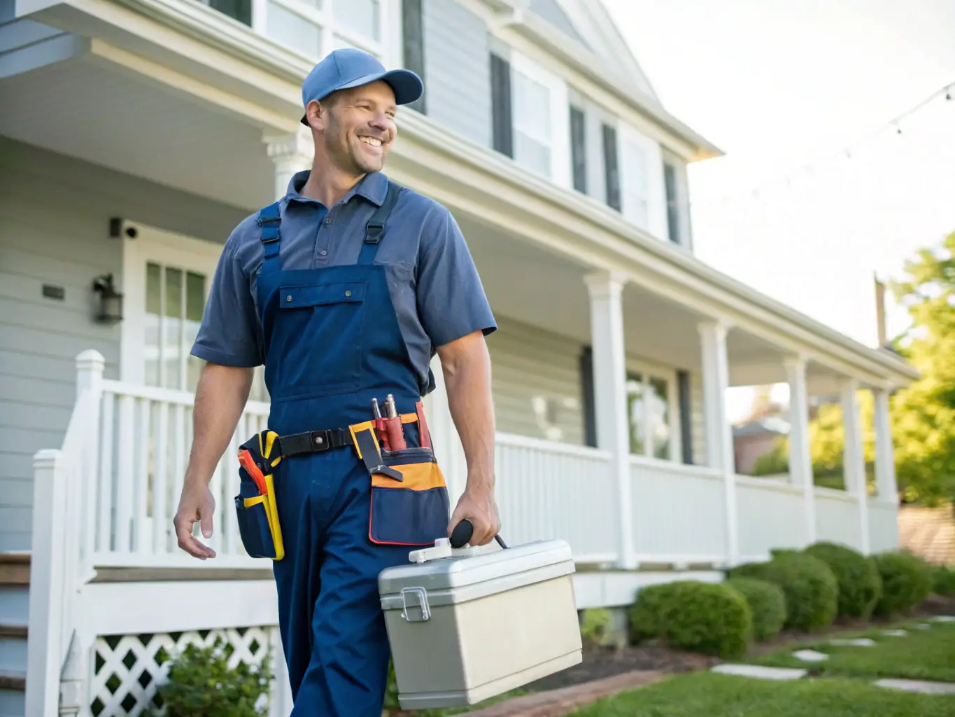 A friendly electrician from Shield Electrical Services is shown arriving at a residential property in Sydney, ready to provide expert service with a fully equipped van.