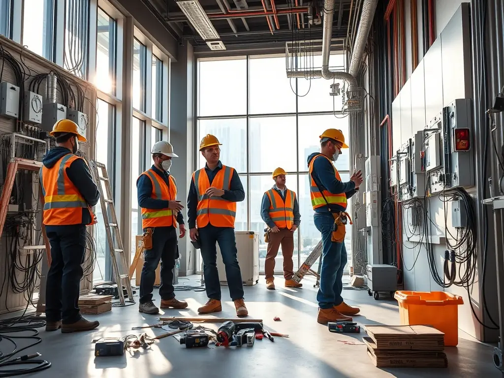 A team of electricians working on a commercial building's electrical system, highlighting commercial electrical solutions.